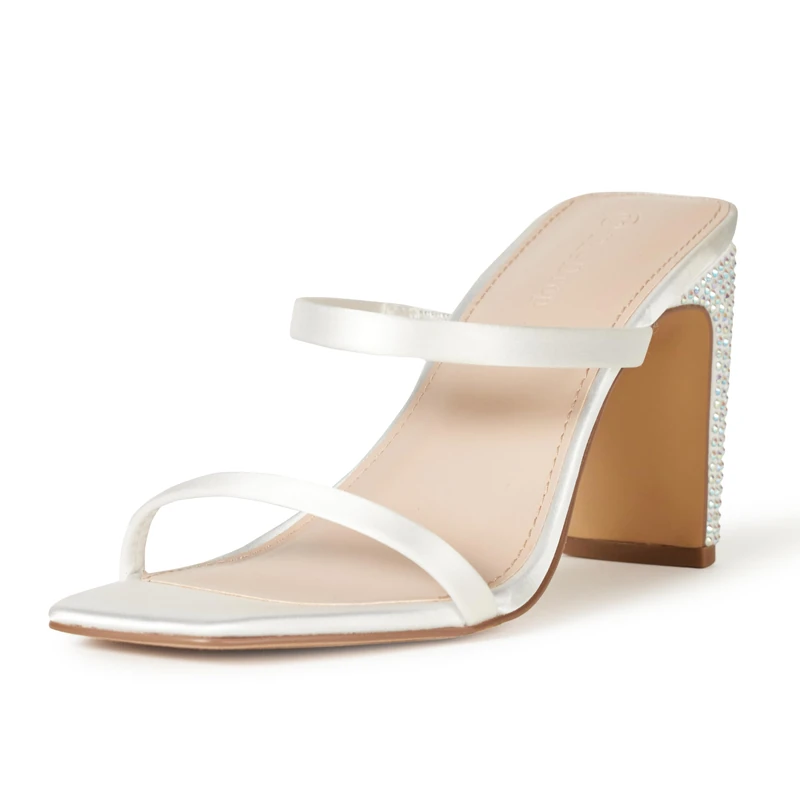 The Drop Women's Avery Square-Toe Two-Strap High Heeled Sandal, Ivory Satin/Rhinestone, 8
