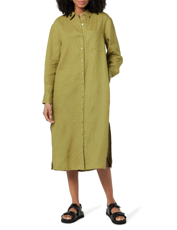 The Drop Women's Fiona Relaxed Linen Midi Shirt Dress, Olive Oil, S