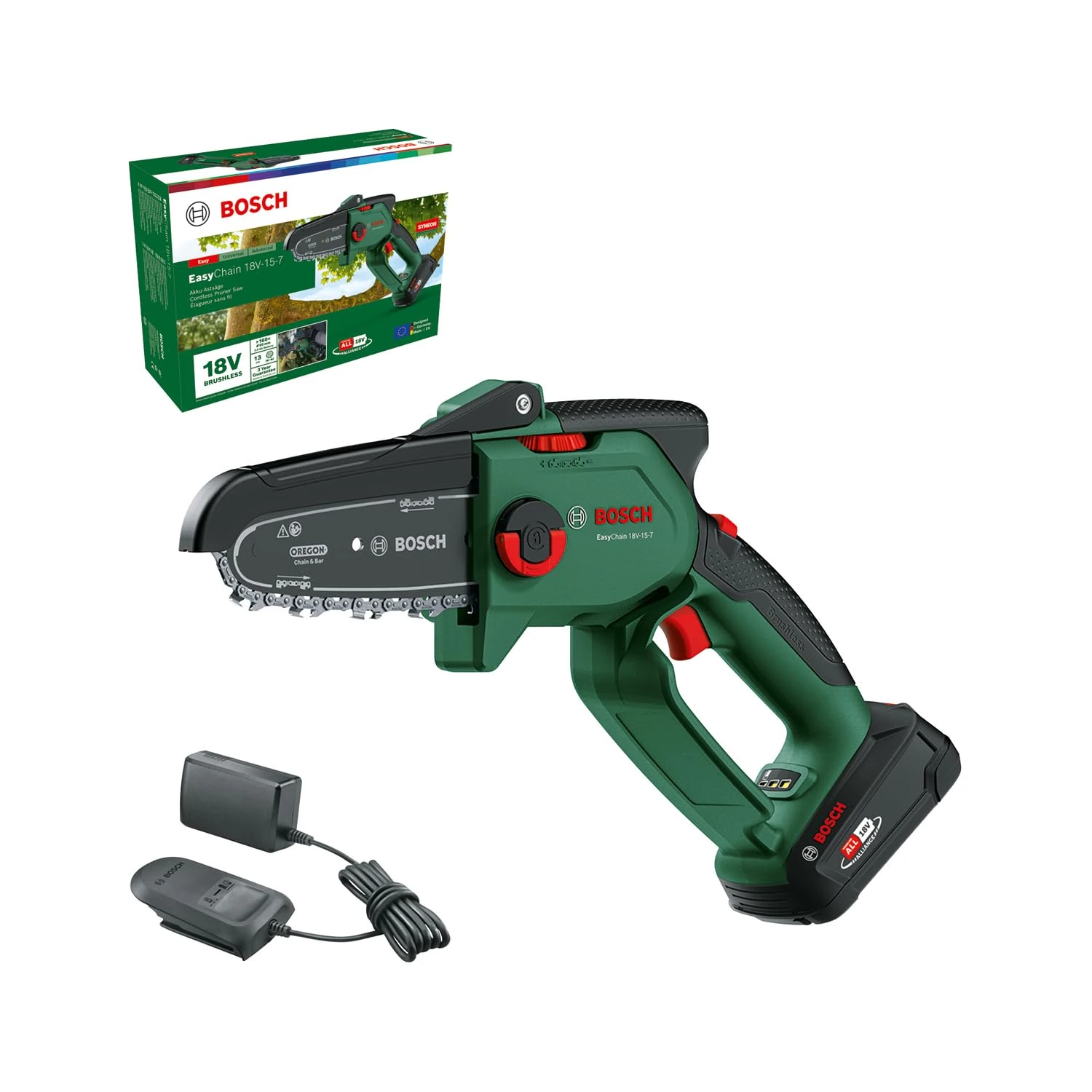 Bosch Mini Chain Saw EasyChain 18V-15-7 (for Cutting Through Wood; 18 Volt System; Chain Speed: 6.95m/s; with 2.5Ah Battery and Charger)