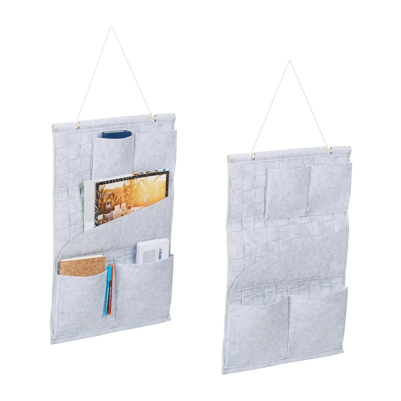 Relaxdays 2X Hanging Organiser, 5 Pockets, Woven, Wall Storage for Hallway, Office, Bathroom, HxW: 60x41cm, Felt, Grey