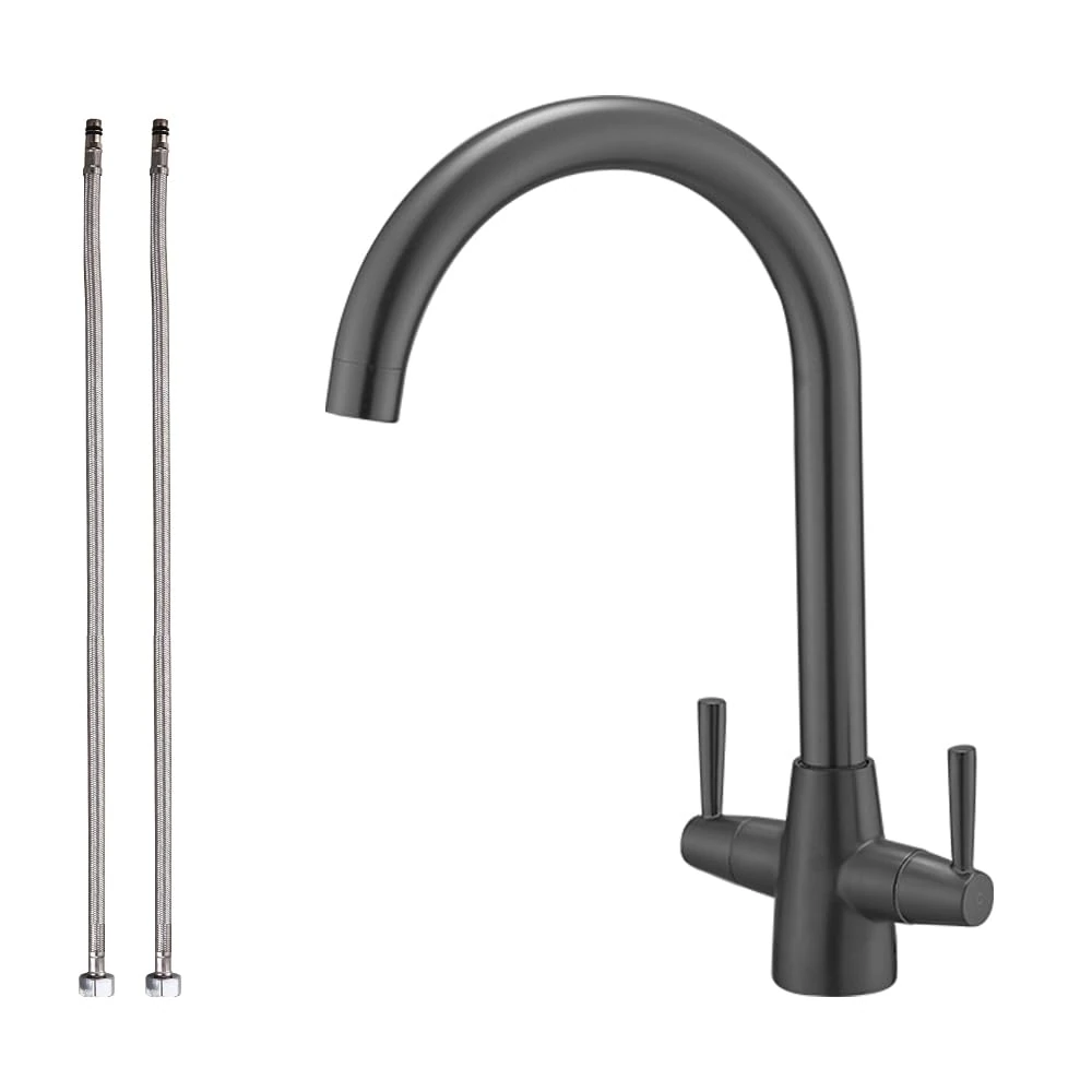 Haiba Kitchen Mixer Tap Dual Lever Swivel Spout Monobloc Grey Sink Taps with UK Standard Fittings