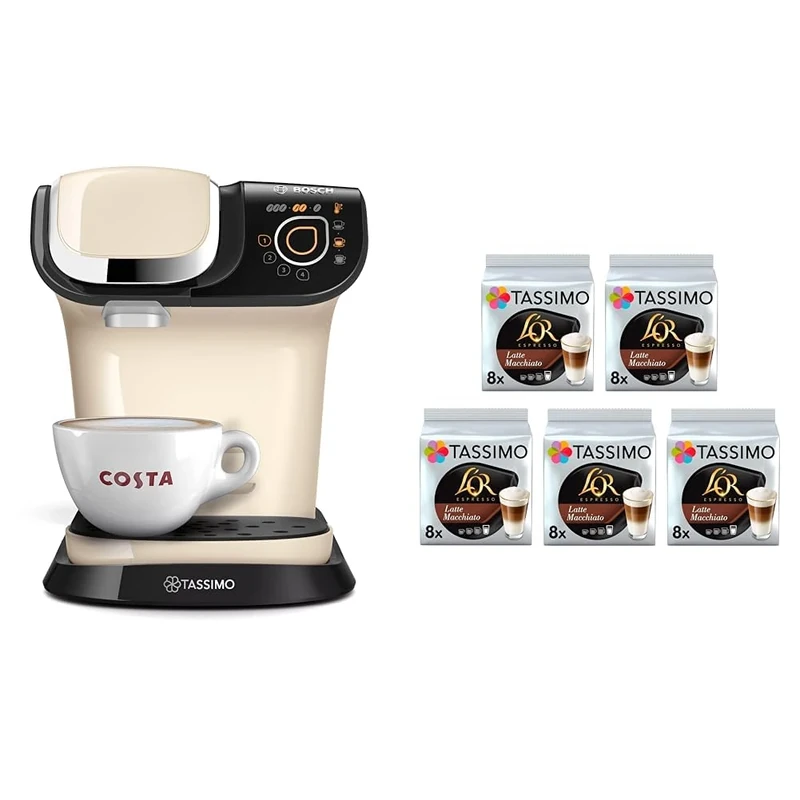 Tassimo Bosch My Way 2 TAS6507GB Coffee Machine, 1500 Watt, 1.3 Litre - Cream With L'OR Macchiato Bundle x 80 drinks