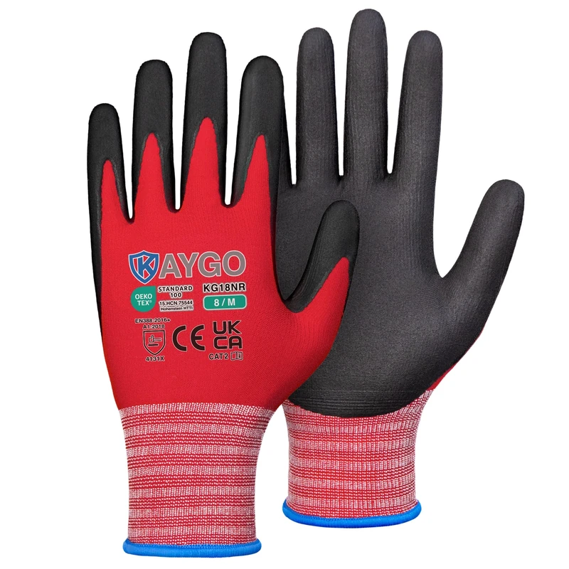 KAYGO Safety Work Gloves MicroFoam Nitrile Coated 12 Pairs, KG18N, Seamless Knit Nylon Glove with Abrasion and Oil Resistant Grip, Ideal for General Purpose, Automotive, DIY (Medium, Red)
