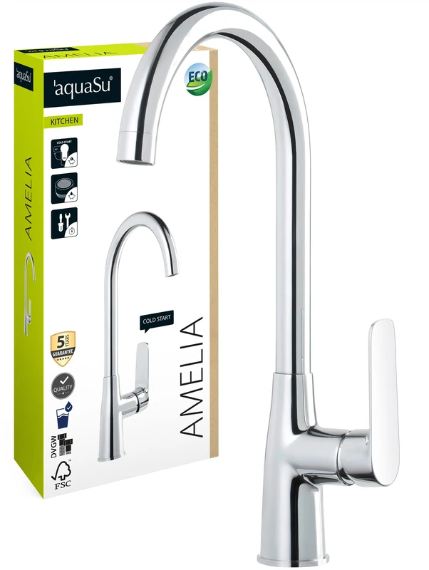 AquaSu® 798150 Amelia Sink Tap with Water-Saving Mixer Nozzle, Economical Cold Water Position, High Spout, Ceramic Cartridge, Rod Attachment, Brass Core, Chrome