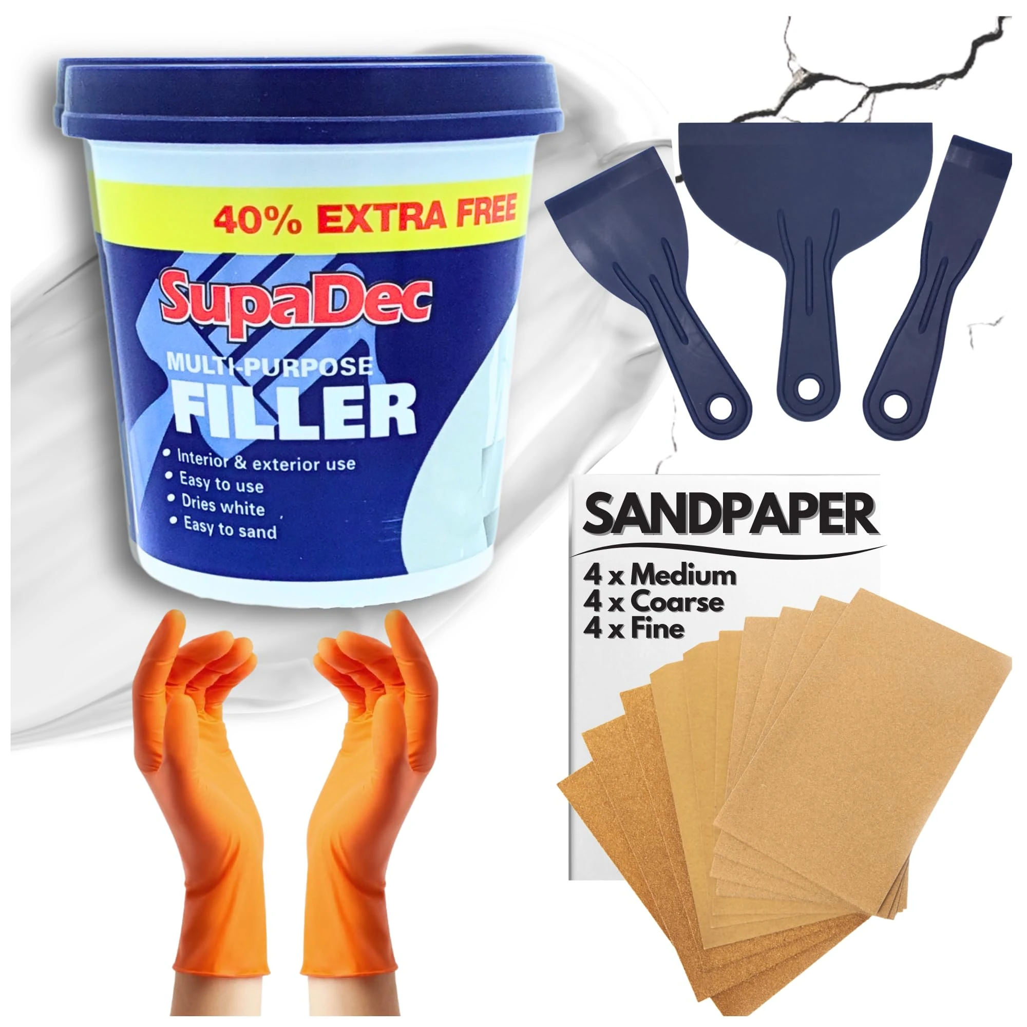 Wall Repair Kit With 1.4kg Ready Mixed Filler for Walls Holes & Gaps | 12 Assorted Sand Paper, Gloves & Plastic Filling Tools | Plaster & Wood Filler