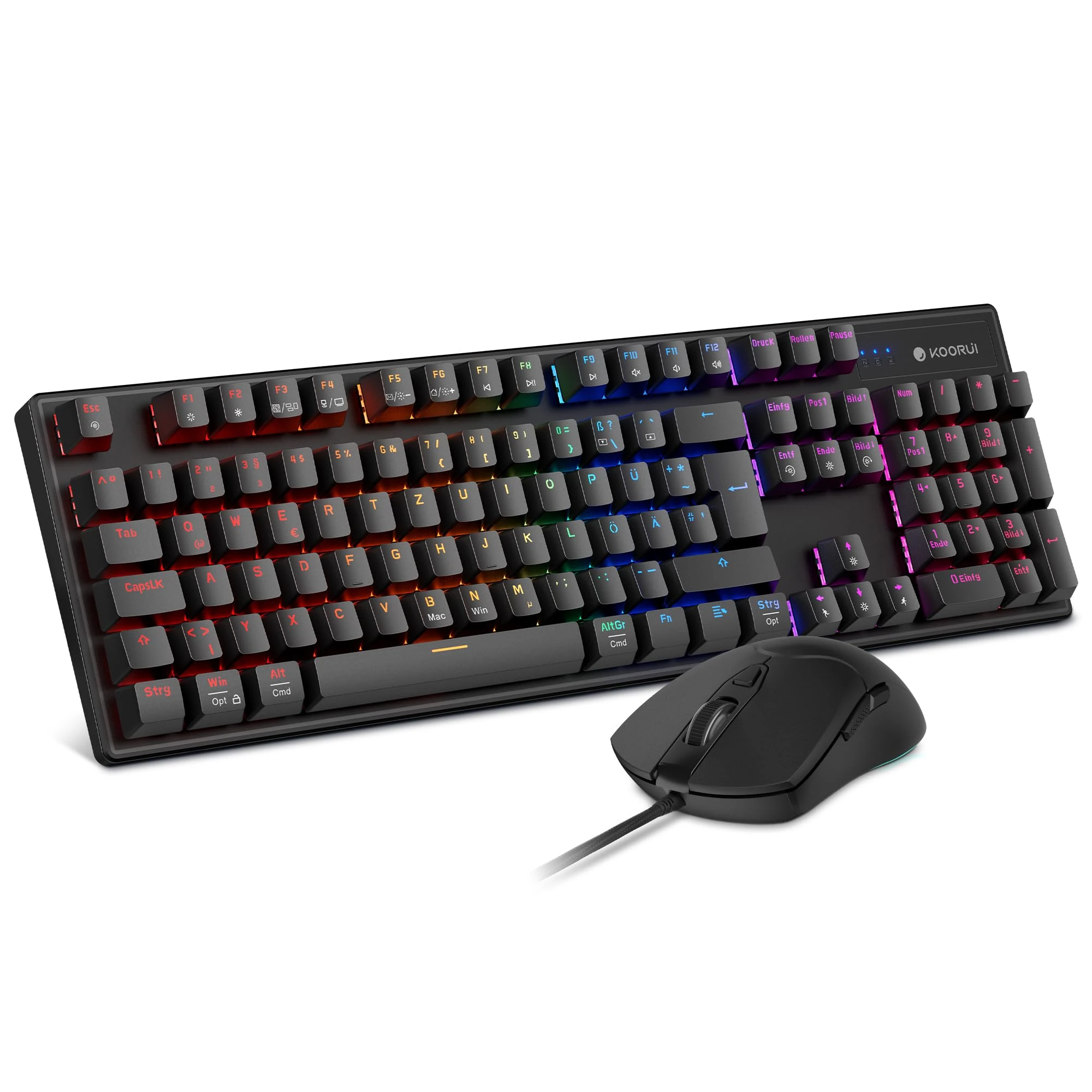 KOORUI Gaming Keyboard Mouse Set, QWERTZ Layout 12 Function Keys USB Ergonomic Keyboard and Mouse with 6 Buttons 320DPI for Win, MacOS, Linux Red Switch