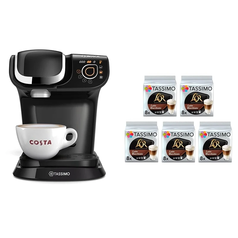 Tassimo Bosch My Way 2 TAS6502GB Coffee Machine, 1500 Watt, 1.3 Litre - Black With L'OR Macchiato Bundle x 80 drinks