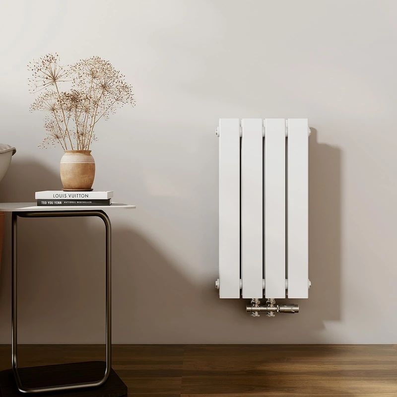 EMKE Design Radiator Small 600 x 304 mm Vertical Flat Radiator with Middle Connection, Double Layer Panel Radiator Wall Radiator for Bathroom, Bedroom & Living Room, White, 384 W - Image 1