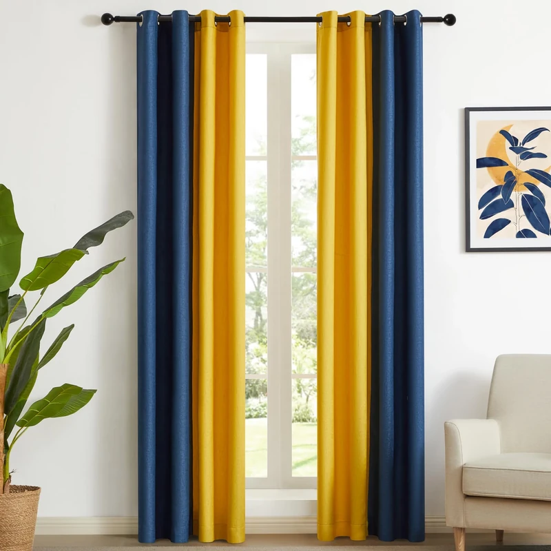 PRIMROSE Navy Blue Yellow Linen Curtains 108 inch Long for Living Room Set of 2 Panels Blackout Thermal Insulated Room Darkening Ombre Curtains Window Drapes for Bedroom Grommet