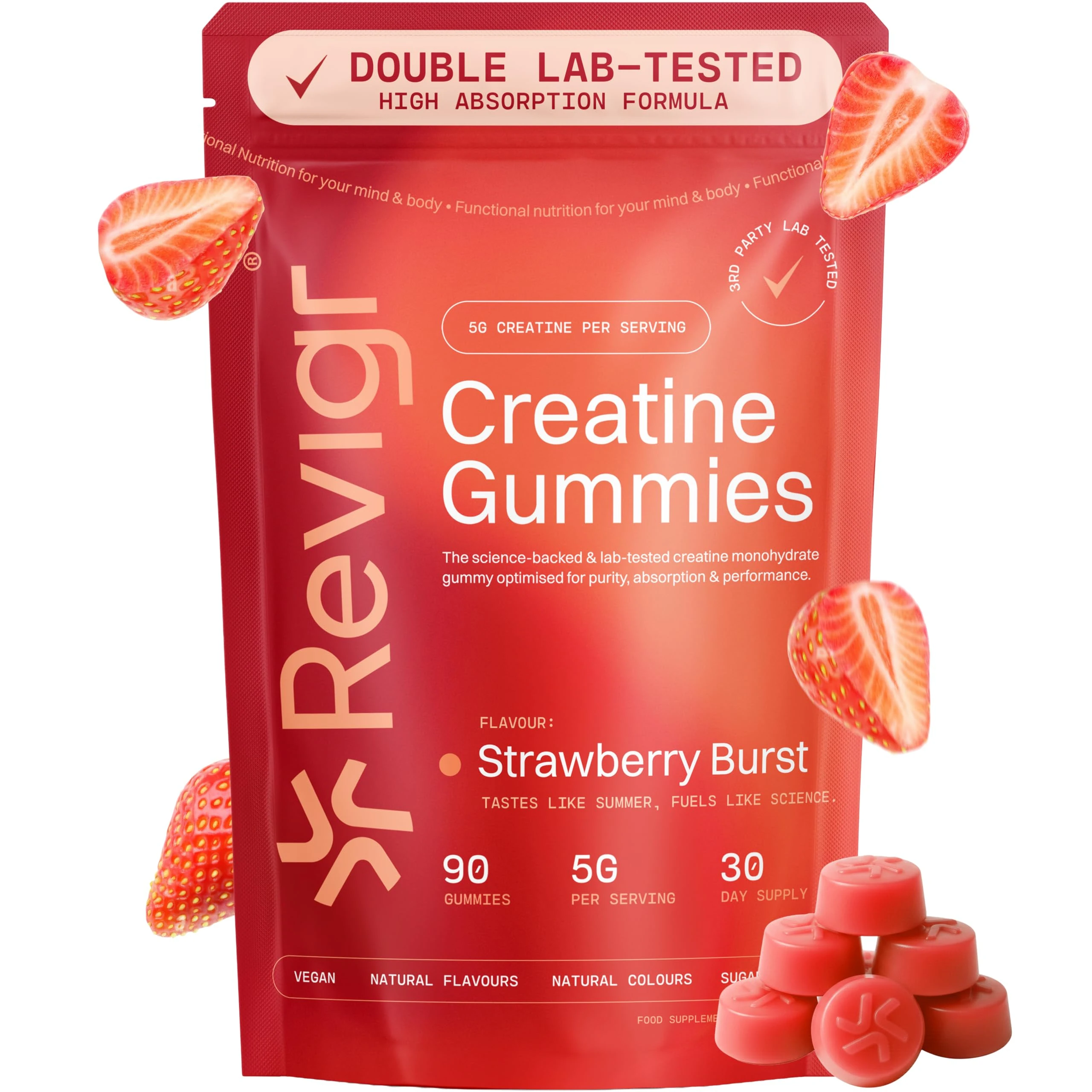 Revigr, Max 5000mg Lab Tested with COA, 90 Creatine Monohydrate Gummies, Vegan & Sugar-Free, Premium Pre-Workout, Gym Supplement (1 Month Supply) (Stawberry Burst)