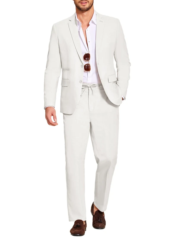 Coofandy Men's 2 Piece Linen Suits Set Regular Fit Casual Lightweight Blazer Jacket and Pants, White, XXL