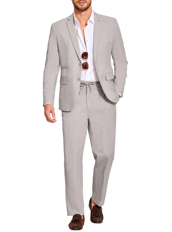 Coofandy Men's 2 Piece Linen Suits Set Regular Fit Casual Lightweight Blazer Jacket and Pants, Light Grey, L