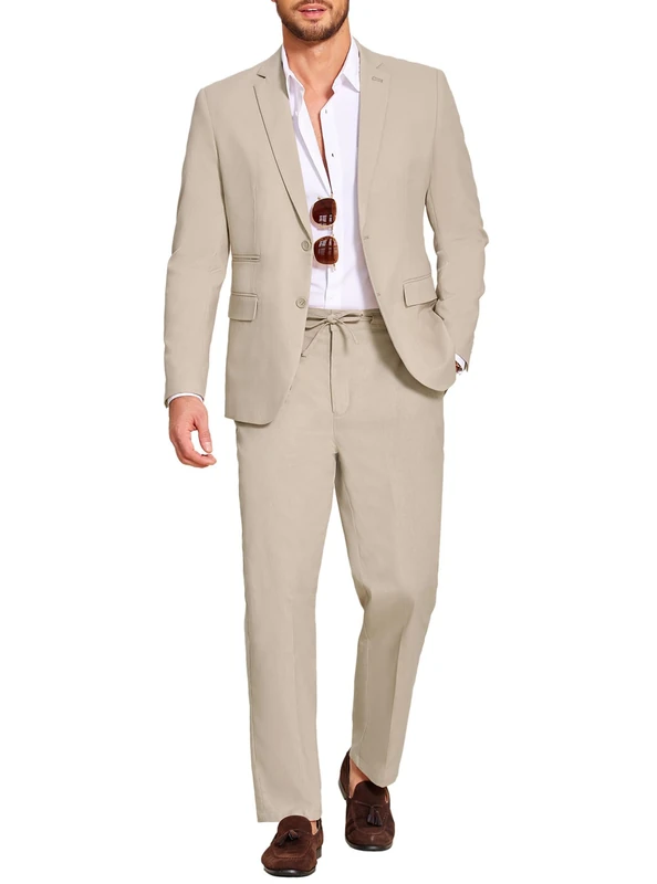 Coofandy Men's 2 Piece Linen Suits Set Regular Fit Casual Lightweight Blazer Jacket and Pants, Light Khaki, XXL