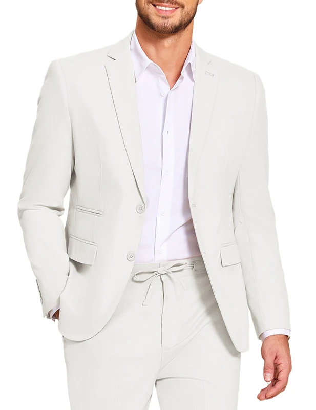 Coofandy Men's 2 Piece Linen Suits Set Regular Fit Casual Lightweight Blazer Jacket and Pants, White, M