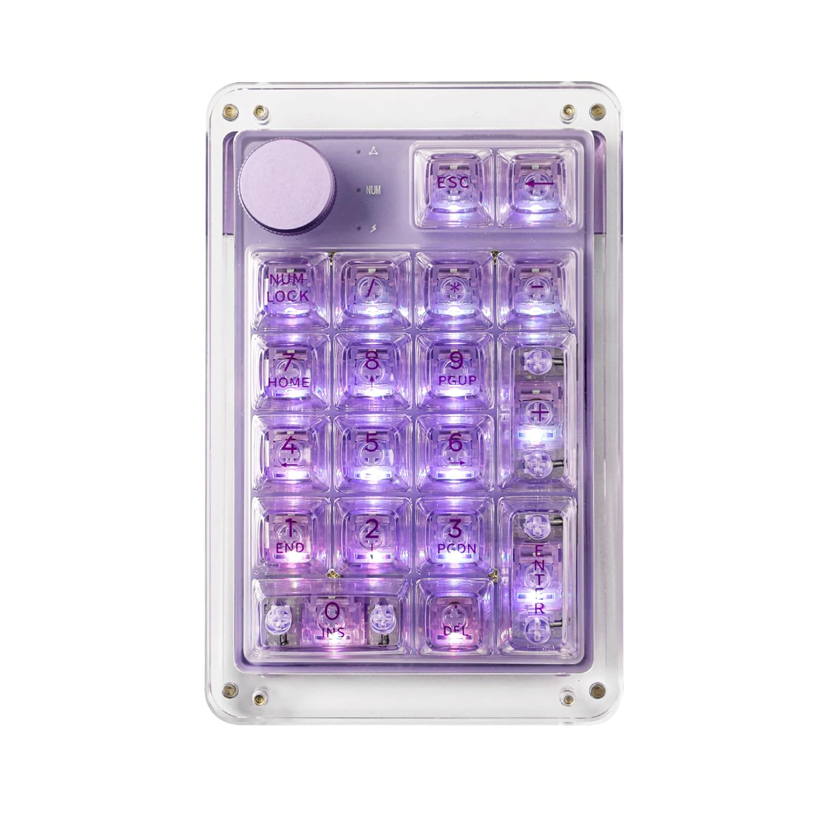 KiiBoom Phantom 21 Hot Swappable Crystal Acrylic Numpad, BT5.0/2.4GHz/USB-C Triple Mode NKRO Programmable Numeric Keypad with Knob, South-Facing RGB, 1900mAh Battery for Win/Mac (Purple)