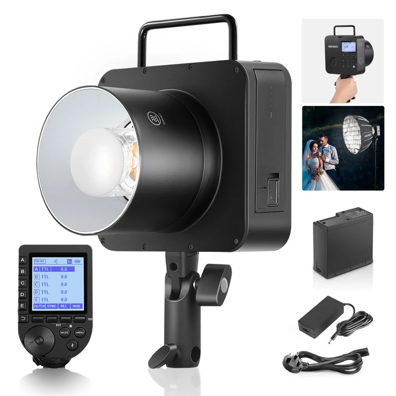 NEEWER Q4 400Ws Studio Flash Outdoor Strobe 2.4G TTL & QPRO-N Trigger Compatible with Nikon, 1/8000 HSS/30W Modeling Lamp/400 Full Power/0.01-1.2s Recycle/21.6V 2800mAh Battery for Wedding Photography