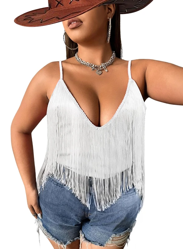 Ella Lust Plus Size Cowgirl Fringe Tops for Women - Western Country Concert Outfit Festival Tank Tassel Boho Rodeo Cami Shirt(White,2XL,10742Pr)
