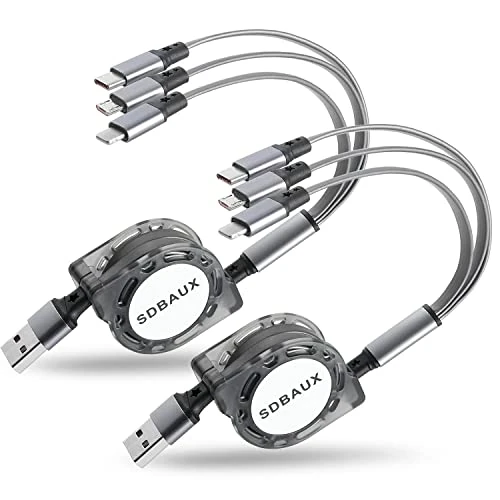 Multi Charger Cable [1M 3A 2Pack], 3 in 1 Retractable USB Fast Charging Cord with Micro USB Type C iP Cable Connector for iP, Android Galaxy S22 S21, Huawei, Xiaomi, Pixel, LG, Sony