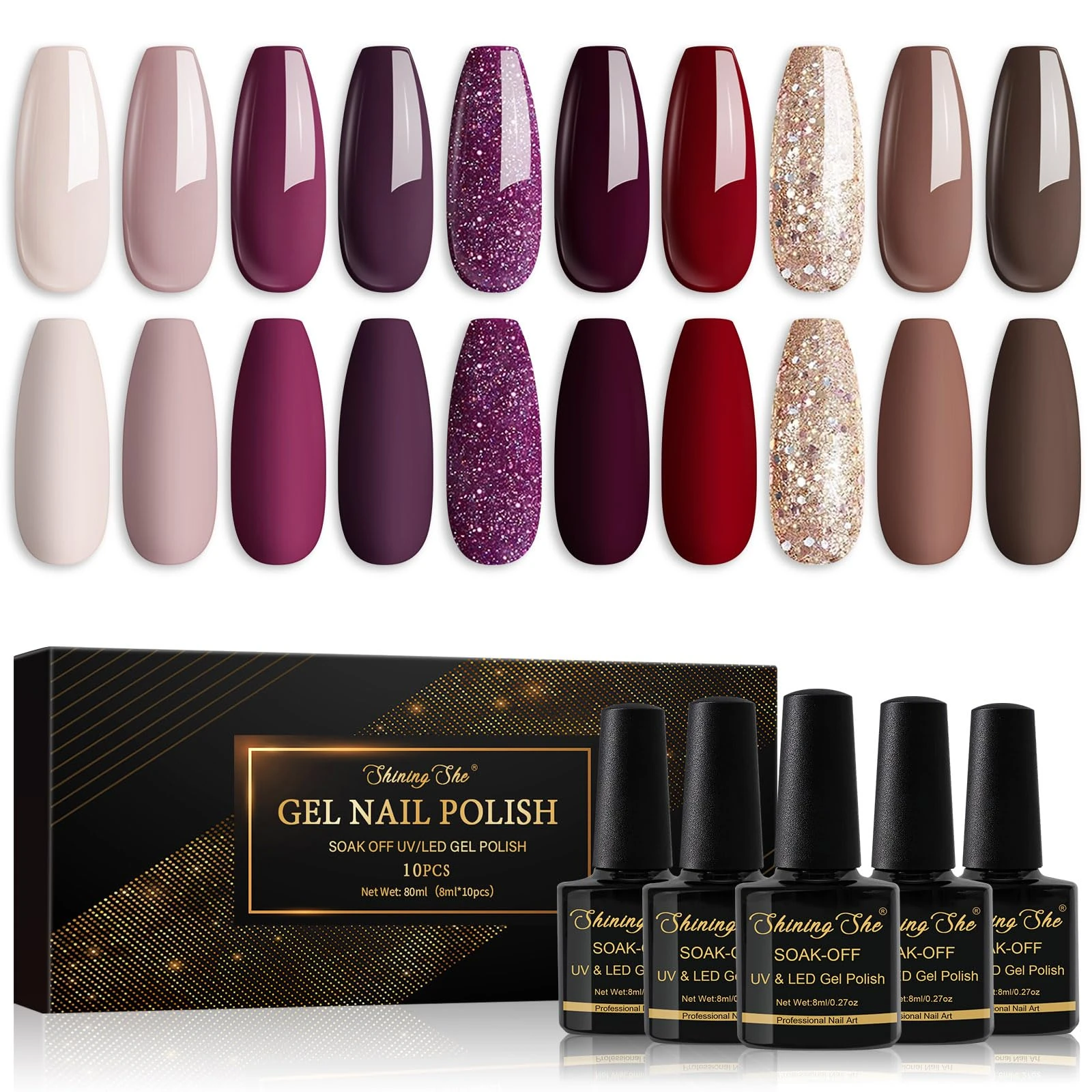 Shining She Nail Polishes, 10 Colours Beige Taupe Purple Red Brown Gold Glitter Gel Polish Set Soak-Off UV/LED Nail Polish Gel for Nail Art Salon DIY Home, 8ML