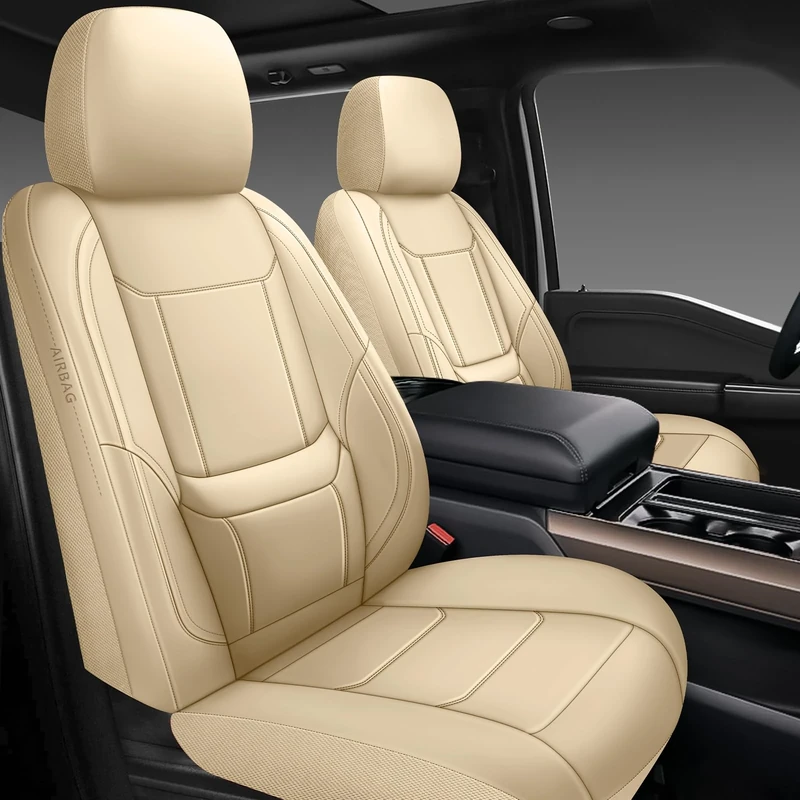 GEEYONTEK Car Seat Covers Full Set, 5 Seats Universal Linen Vehicle Cushion for Automotive Front and Rear, Seat Protectors Fit for Most SUV Truck Sedans Pick-up Jeep, Airbag Compatible (Beige), GY03