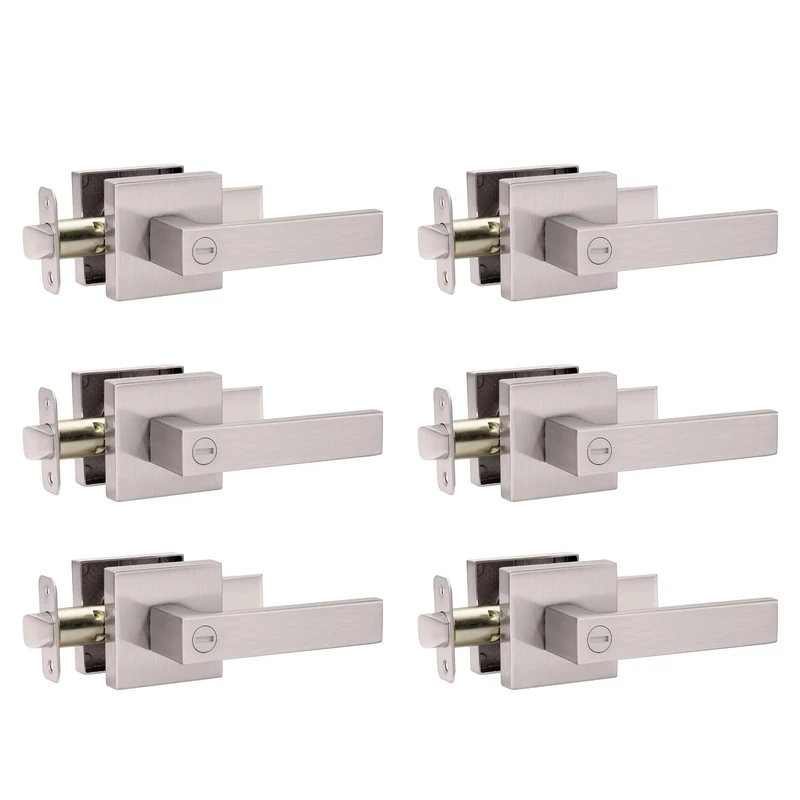 AIKKIL Interior Door Handle Satin Nickel Door Knob Keyless Levers Set (6 Pack), Heavy Duty Privacy Door Handle Lock for Bedroom or Bathroom, Square Door Lock for Left Right Handle Doors