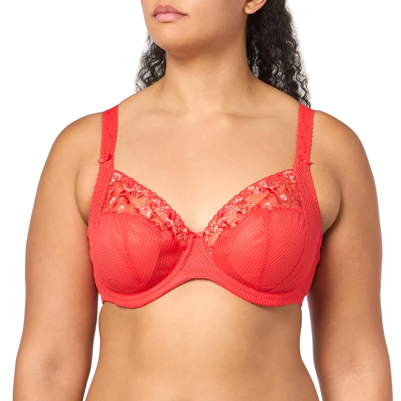 Elomi Women's Charley Floral Embroidery, Low Plunge, Dd+ Bras, Opaque, Salsa, 38F