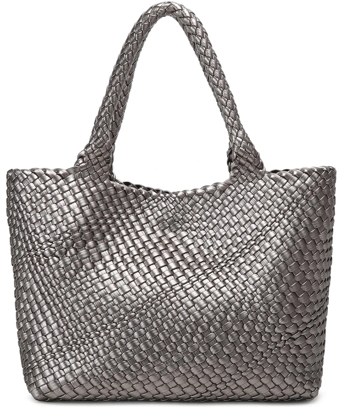 Queenoris Woven Bag for Women, Fashion Top Handle Shoulder Bag Vegan Leather Shopper Bag Large Travel Tote Bag, Silver