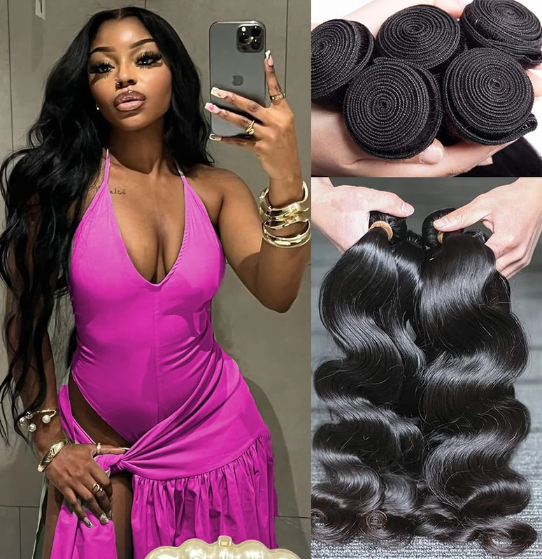 Human Hair Bundles Body Wave 4 Bundles （16 18 20 22) 12A Grade 100% Unprocessed Brazilian Virgin Human Hair Body Wave Bundles Double Weft Human Hair Extensions Natural Black Color