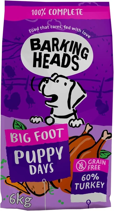 Barking Heads Complete Dry Dog Food 6kg - Puppy Big Foot (Large Breed) Puppy Days Turkey - Natural Grain Free Hypoallergenic for Sensitive Digestion & Development - Vet Approved