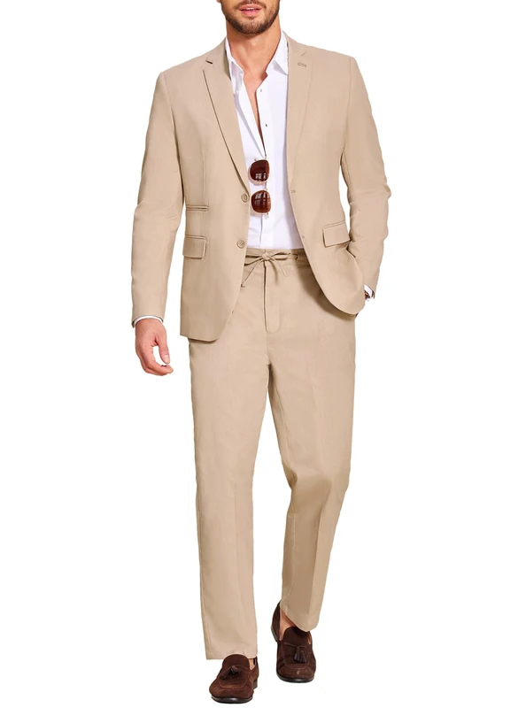 Coofandy Men's 2 Piece Linen Suits Set Regular Fit Casual Lightweight Blazer Jacket and Pants, Khaki, L