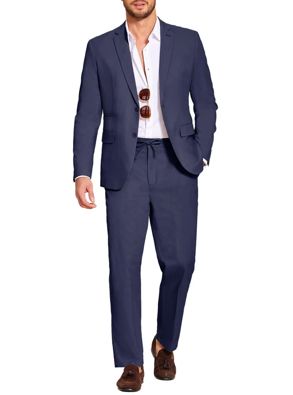 Coofandy Men's 2 Piece Linen Suits Set Regular Fit Casual Lightweight Blazer Jacket and Pants, Navy Blue, L