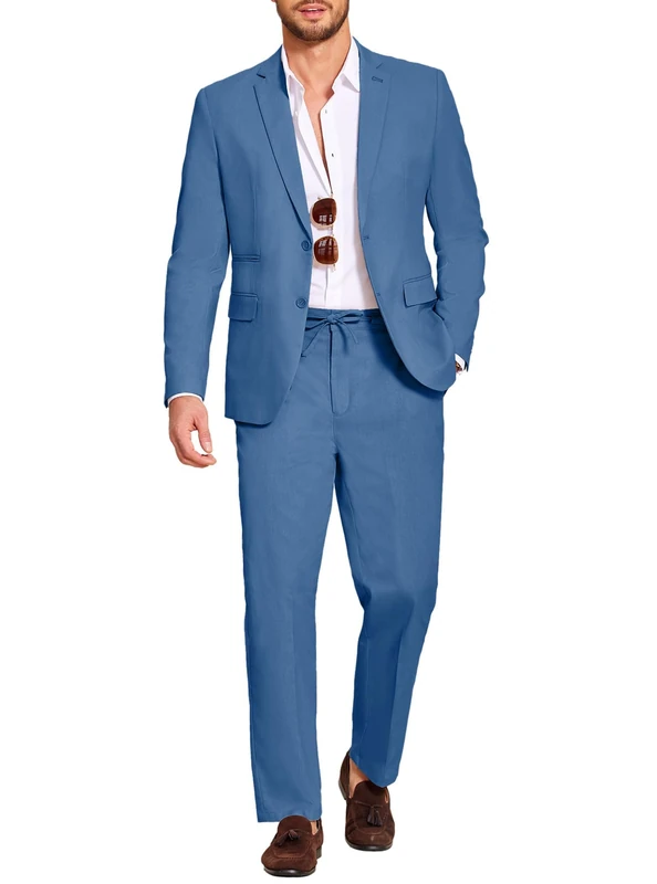 Coofandy Men's 2 Piece Linen Suits Set Regular Fit Casual Lightweight Blazer Jacket and Pants, Blue, L