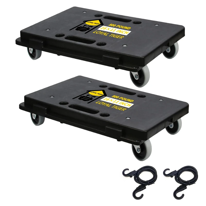 LOYAL TIGER Furniture Dolly,Moving Dolly 4 Wheels Heavy Duty,Furniture Movers Dollys with Wheels,Small Flat Cart with 2 Ropes,16.3 x 11.4 inch 500 Lbs Capacity, 2 Pack, Black