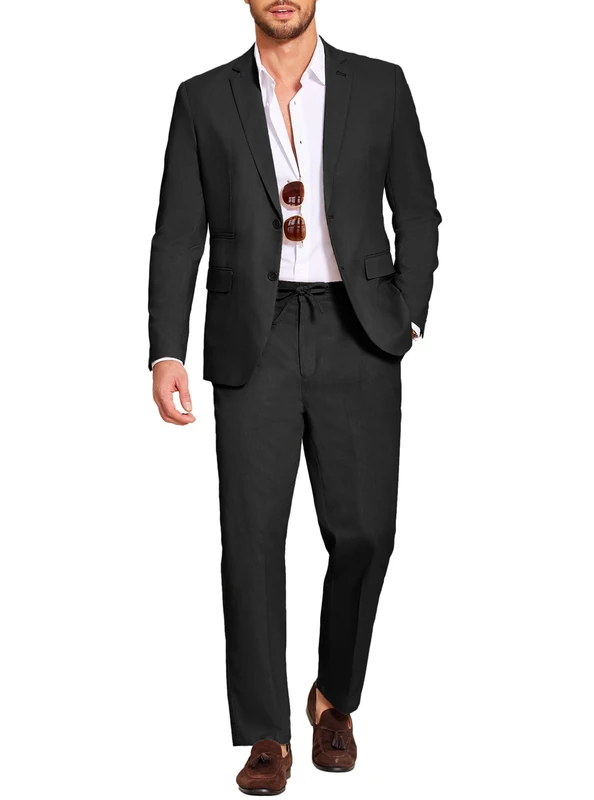 Coofandy Men's 2 Piece Linen Suits Set Regular Fit Casual Lightweight Blazer Jacket and Pants, Black, L