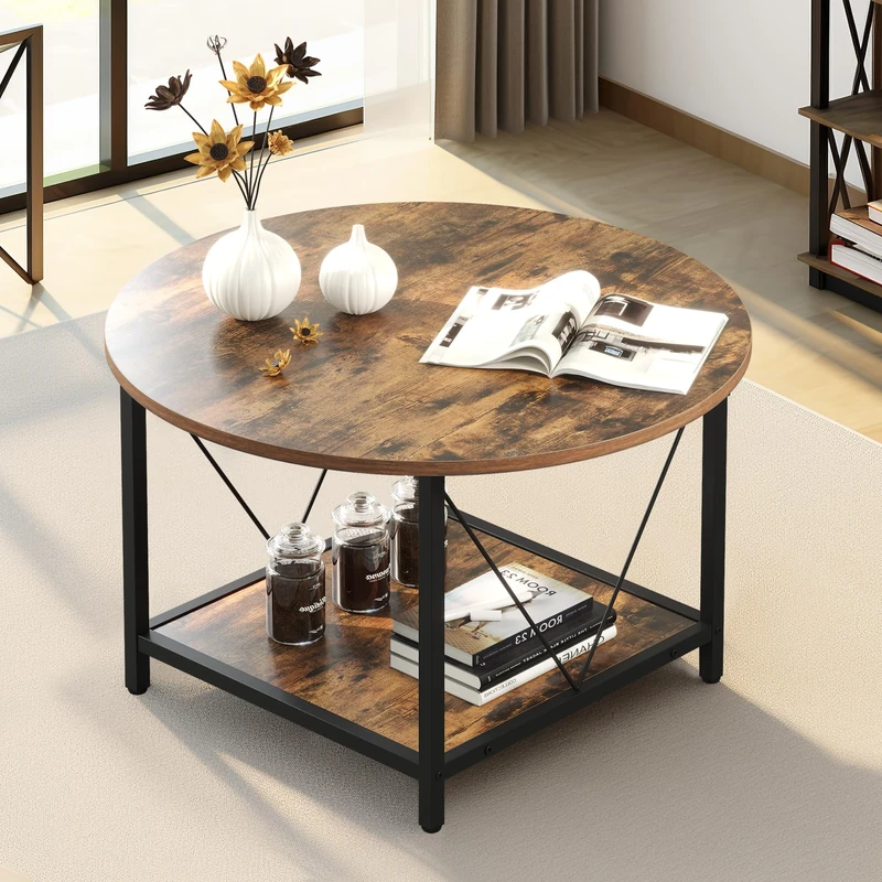 YITAHOME Round Coffee Table for Living Room,80x80x46cm Retro Central Table with Storage Shelf, Industrial Modern Coffee Table with Sturdy Metal Legs Simple Center Table for Home Office