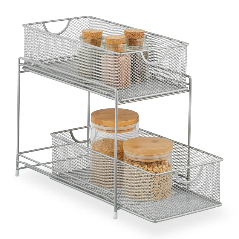 Relaxdays Kitchen Cabinet Organiser, Pull-out Base Unit Shelf, 2 Drawers, Metal Baskets, HWD: 32 x 19 x 35.5 cm, Silver - Image 1