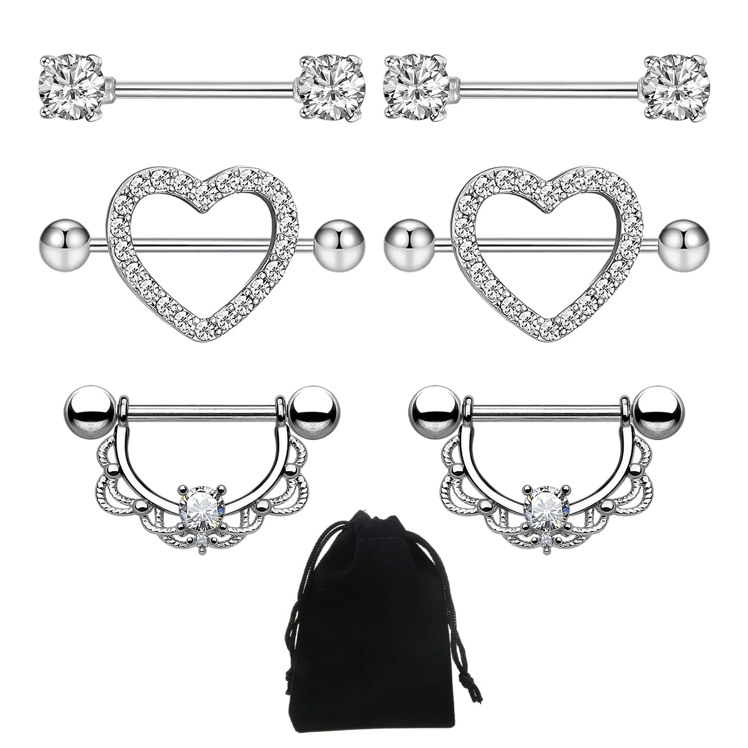 KVBUCC 3 pairs of nipple rings with 1 velvet bag, lace, heart-shaped, halo stone, nipple piercing jewelry, piercing jewelry, stainless steel nipple stick (silver)