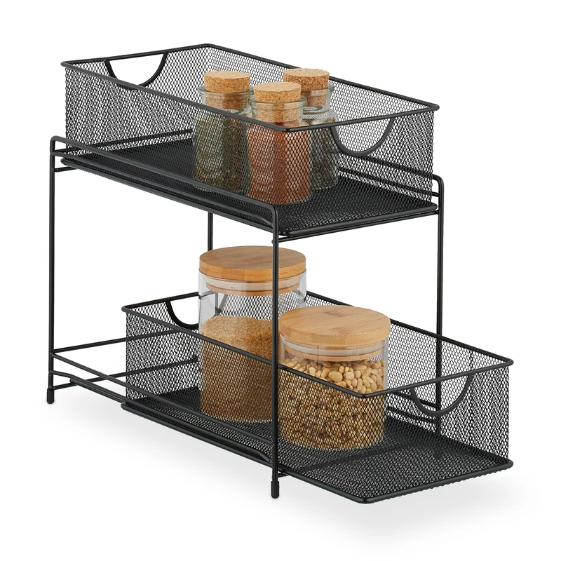 Relaxdays Kitchen Cabinet Organiser, Pull-out Base Unit Shelf, 2 Drawers, Metal Baskets, HWD: 32 x 19 x 35.5 cm, Black