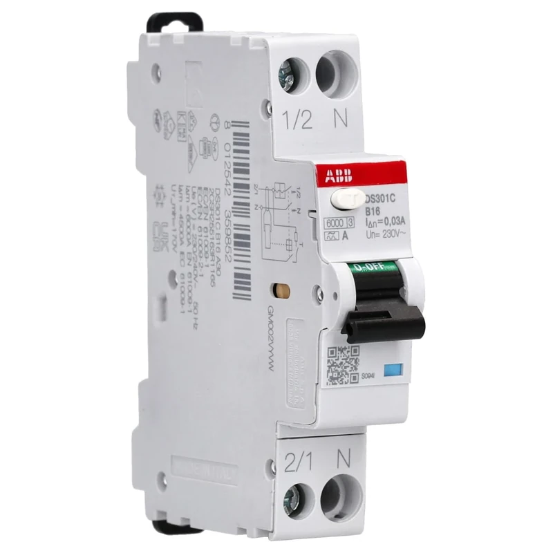 ABB DS301C B16 A30 FI/LS Switch RCBO 6kA, 1P+N, Type A, B16, 30mA 1 Pitch Unit B-Characteristics 2CSR255163R1165