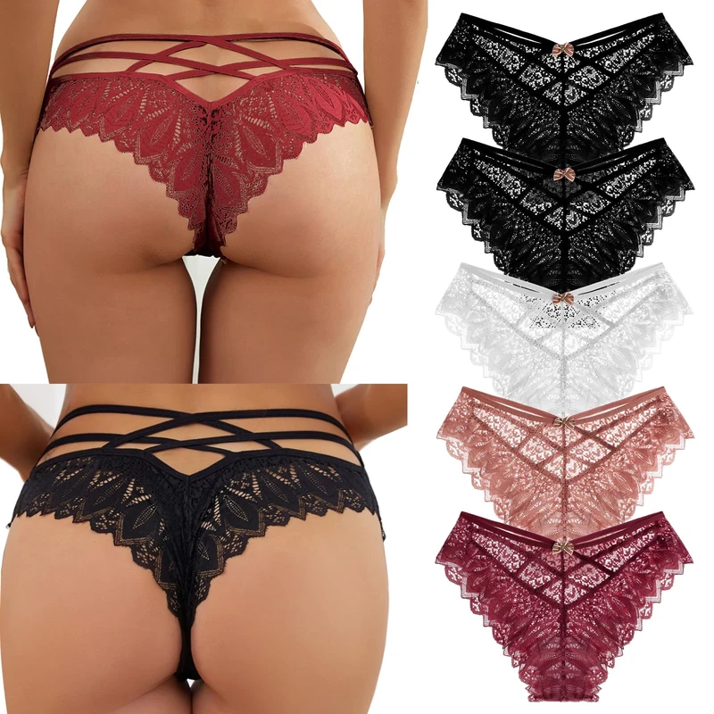 SHAINE 5pcs Women's Knickers Sexy Lace Briefs Underwear Fit Panties Low Rise Soft Bikini