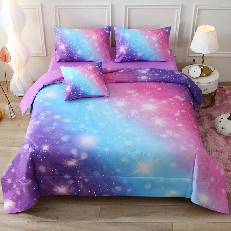 JQinHome Glitter Bedding Set Queen Size,6 Piece Bed in A Bag 3D Colorful Rainbow Galaxy Comforter Set for Girls Kids (Blue Purple)