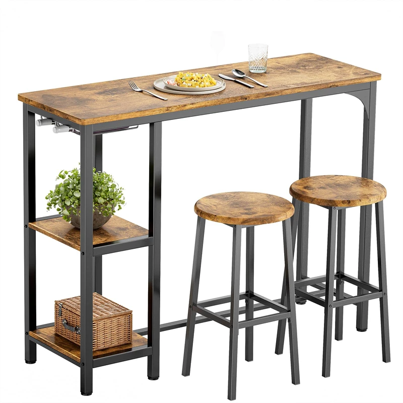 Bealife Bar Table and Stools Set of 2, Pub Table Set with 2 Shelves and Glass Holder, Kitchen Bar Table Set for Kitchen, Living Room, Dining Room (Retro)