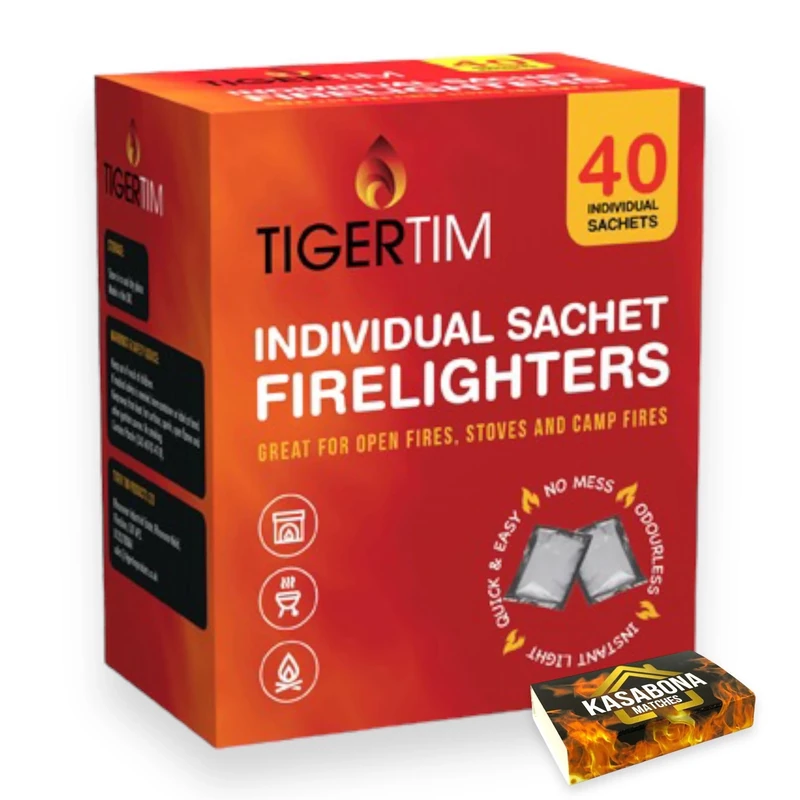 Tiger Tim Firelighters Sachets Mess Free Odourless Safe Quick Fire Starter hotspot Burners BBQ Coal Wood Burners with KasaBona Safety Matches (40 Firelighters)