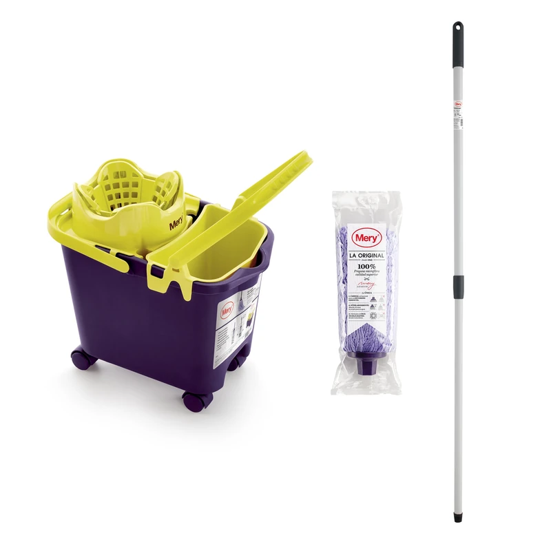 Mery Bucket Set with Mop and Stick, Automatic Drainer Bucket with Wheels and Multi-Purpose Bucket Purple and Lime, 14 L, Absorbent Microfibre Mop, Universal Thread, Telescopic Stick in Plasticized