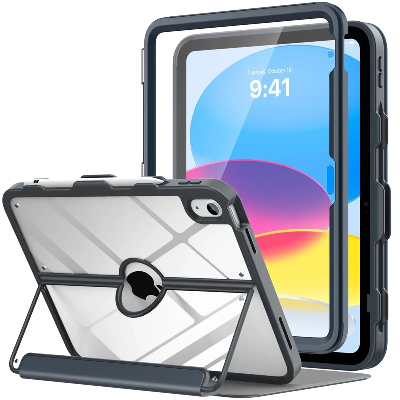 MoKo for iPad 11-inch (A16) 11th Generation Case 2025/ iPad 10th Generation Case with Pencil Holder 2022 10.9 inch, Built-in Screen Protector Clear Back, Multi Angle Viewing Stand, Space Gray