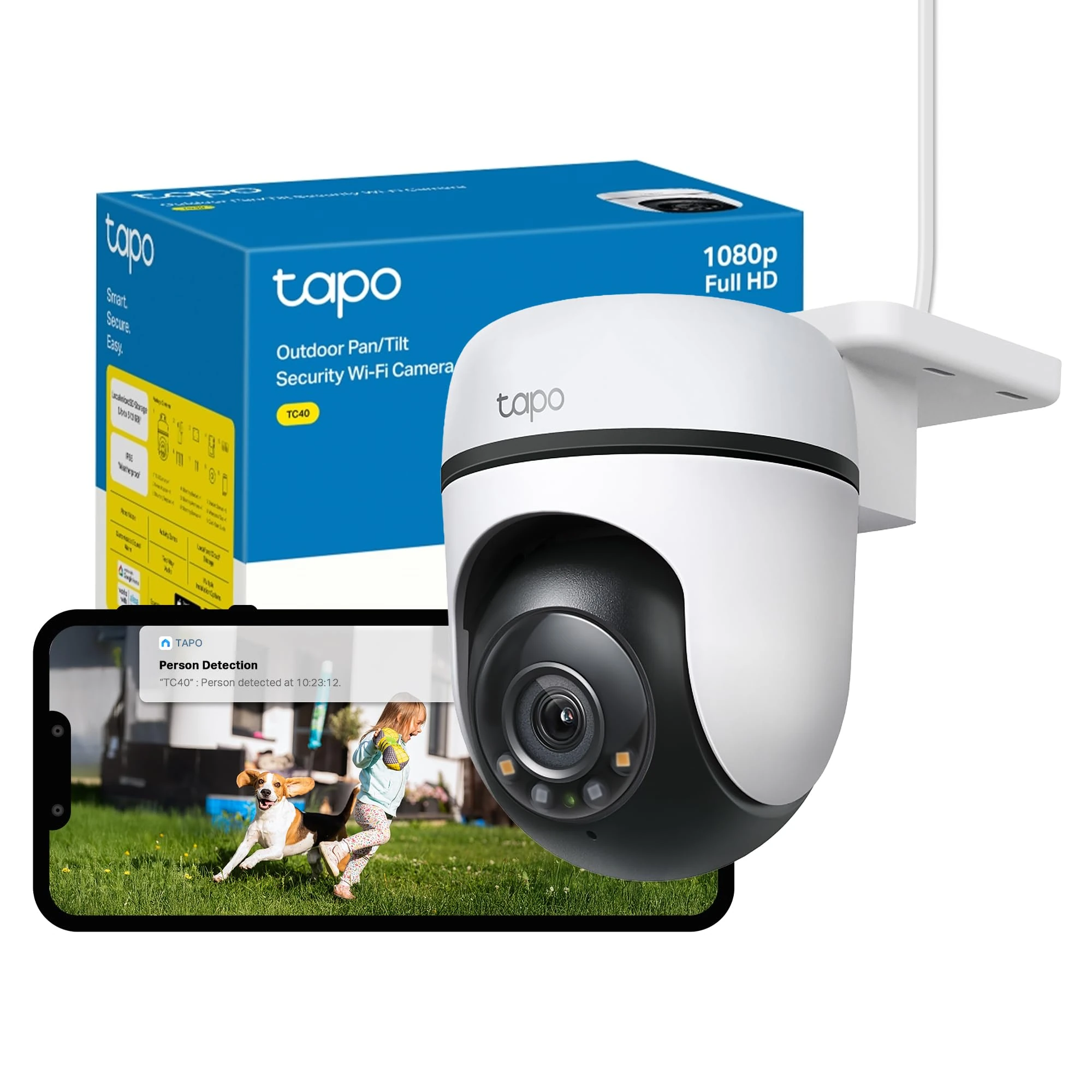 Tapo TC40 Pan/Tilt Smart Security Outdoor Camera, Full HD, 360° Smart Person Detection Motion Tracking, Color Night Vision, WiFi Camera No Monthly Fee, Two-Way Talk, IP65, Works with Alexa & Google