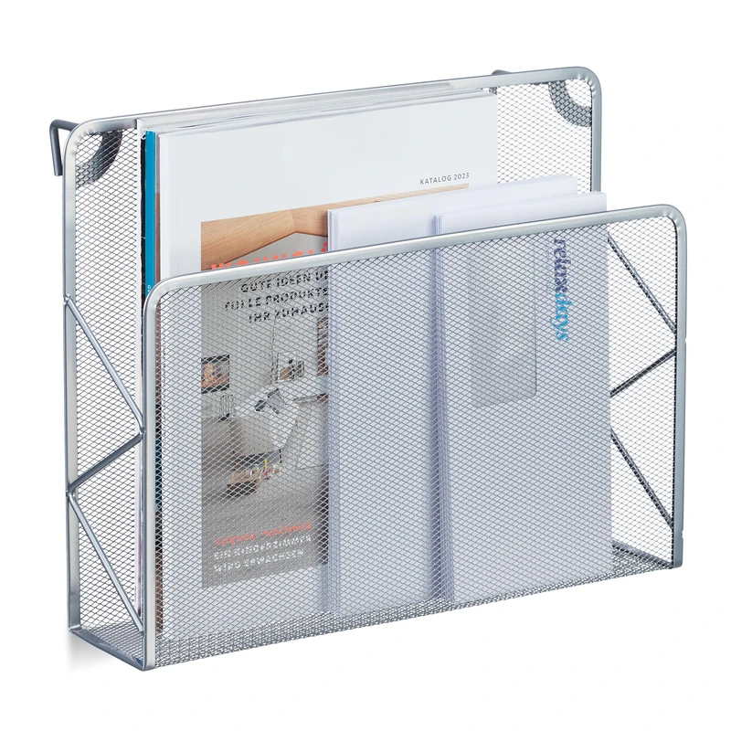 Relaxdays Newspaper Stand, Magazine Holder, Hanging Wall Storage, HxWxD 28 x 35.5 x 10 cm, Metal, Mesh, Document, Silver, Steel