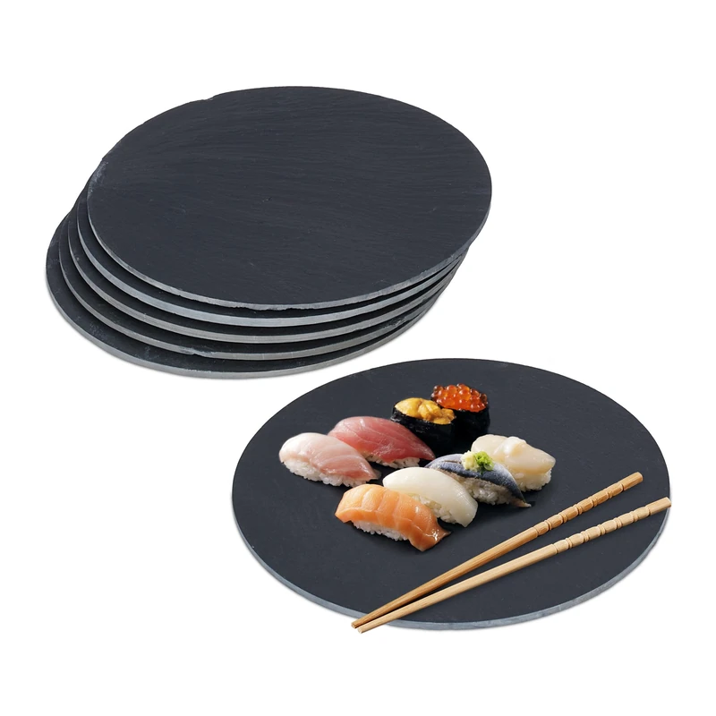 Relaxdays Slate Plates, Set of 6, Round Serving Platters, 25 cm Diameter, Cheese Board, Snacks, Sushi & Desserts, Black