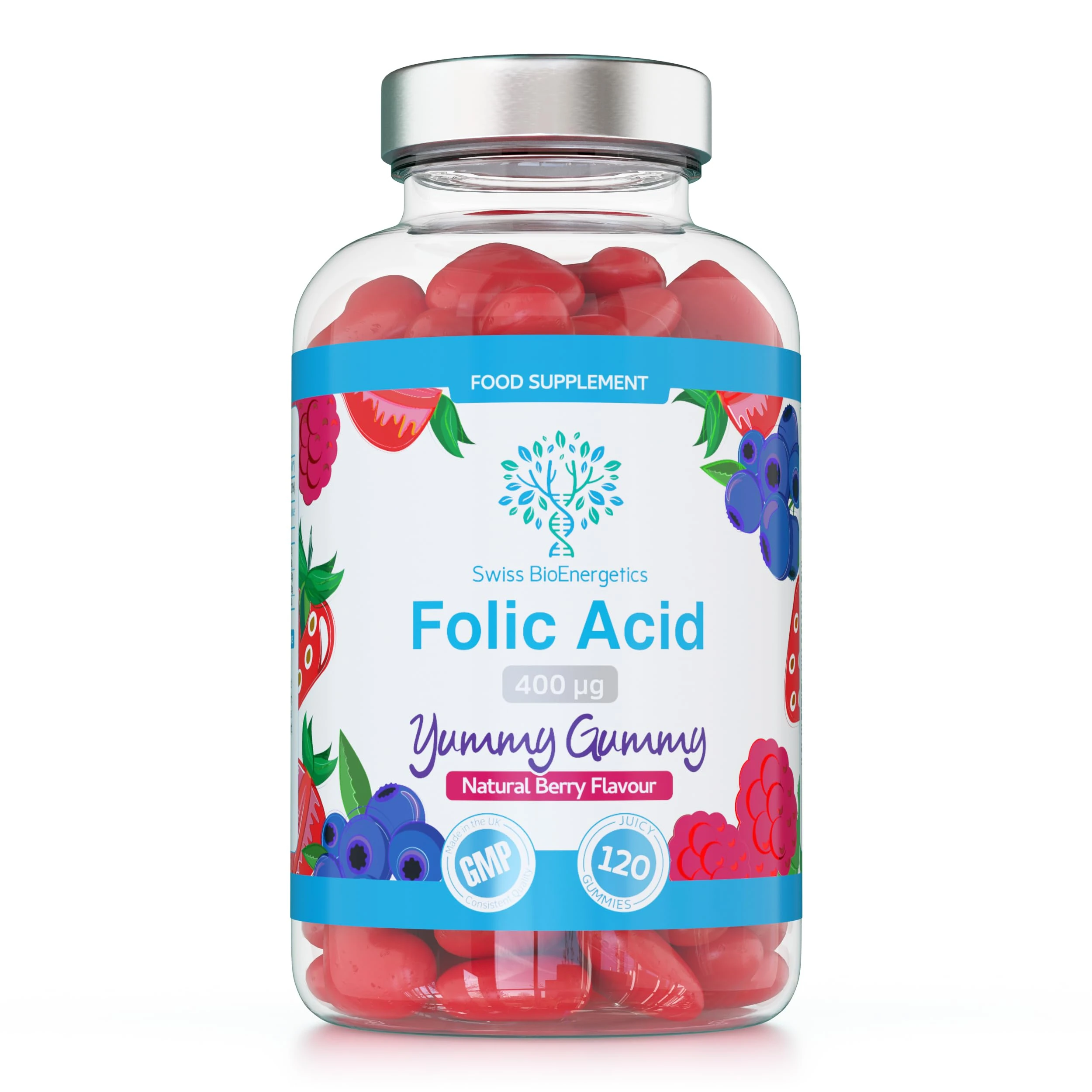 Folic Acid Gummies - 400μg, 120 Natural Berry Flavoured & Vegan Gummies - High Strength Vitamin B9 Folic Acid Pregnancy Support Prenatal Vitamin - No Artificial Sweeteners or Flavours – UK Made