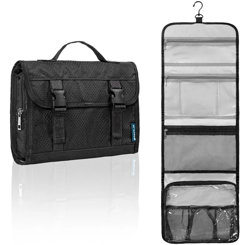 PAVILIA Travel Hanging Toiletry Bag for Women Men, Large Capacity Makeup Bag Kit, Waterproof Cosmetic Storage Organizer Case for Bathroom Shower, Black, L